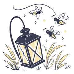 Vintage lantern surrounded by bees and grass with glowing light  