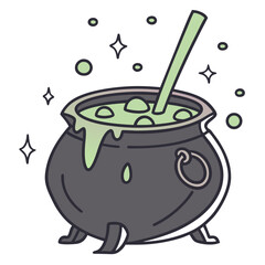 Magical black cauldron with bubbling green potion and sparkles  