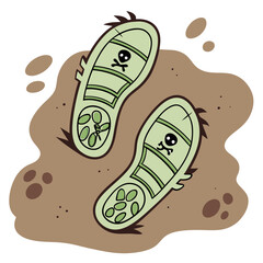Cartoonish green shoes with skull print on muddy ground  