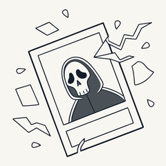 Illustration of a broken photo frame with a skull figure inside  