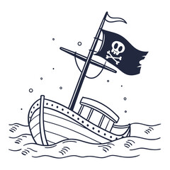 Pirate ship sailing on waves with skull flag  