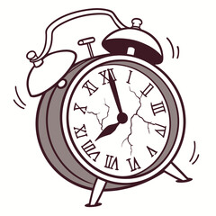 Vintage alarm clock showing cracked face and ringing at noon  