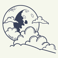 Moon surrounded by clouds in minimalist line art style  