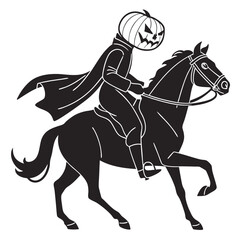 Pumpkin-headed figure riding a horse in a spooky Halloween style  