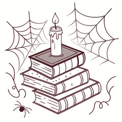 Three stacked books with a candle and spider webs in a spooky setting  