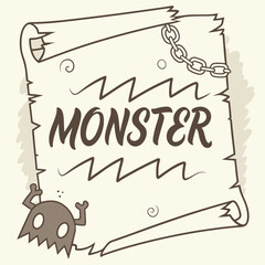 Cartoon monster illustration with chain and beastly scroll design  