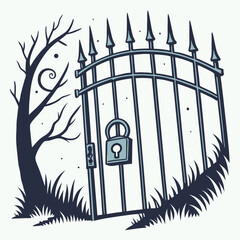 Locked wrought iron gate with a tree and grass in a spooky setting  