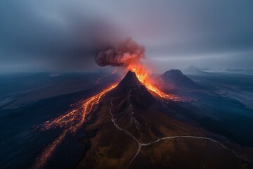 Erupting volcano with lava river under stormy sky, aerial view