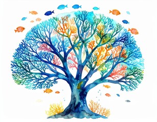 Watercolor Oceanic Tree with Fish: An Abstract Marine Ecosystem Illustration