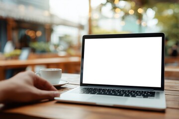 Laptop mockup on wooden table in cafe, with coffee cup, remote work concept
