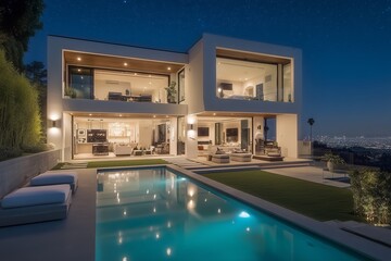 Fototapeta premium Luxury modern villa with swimming pool at night, panoramic glass design