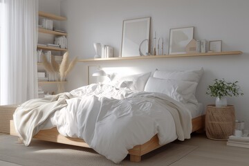 Modern scandinavian style bedroom with white walls and white bedding, light wood furniture accents, simple and cozy.
