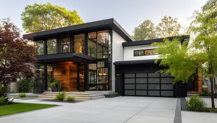 Modern luxury house exterior with large windows and black accents in a suburban neighborhood