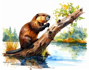 Watercolor painting of a beaver sitting on a log near a water body