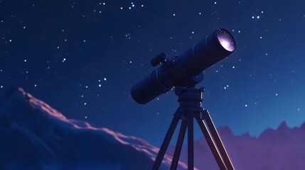 a telescope is the central focus, positioned against a backdrop of a night sky filled