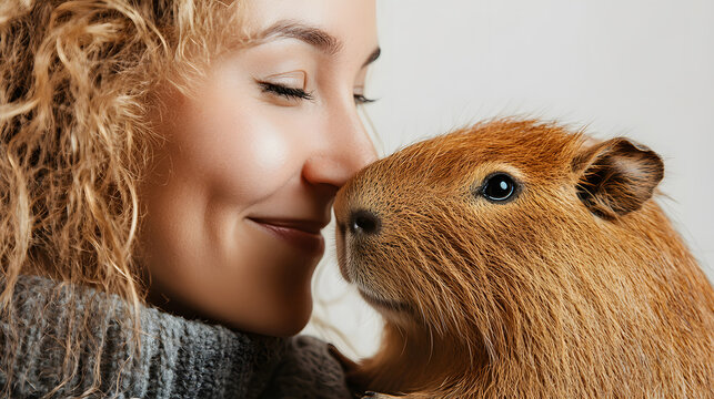 Woman gently touching noses with a Capybara. Close up portrait of loving exotic pet ownership.