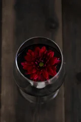 Fotobehang Eetkamer Close-up of a red chrysanthemum flower floating in a wine glass on dark rustic wooden background. Elegant romantic still life with moody tones, perfect for decor, lifestyle or beverage themes.  © Olga Mazo