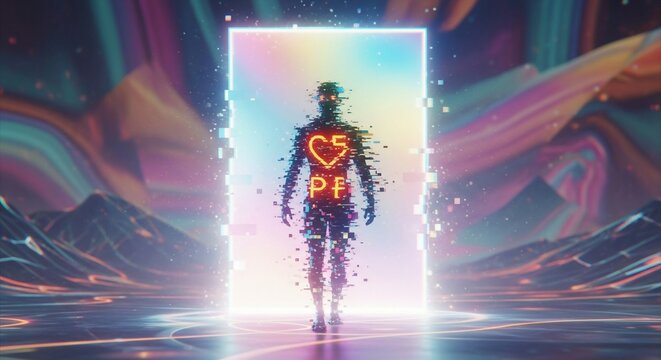 Digital Humanoid Figure Emerging from a Glowing Portal in a Surreal Landscape