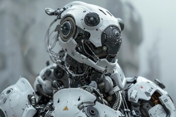 Fototapeta premium White and chrome android with exposed wires and intricate detail