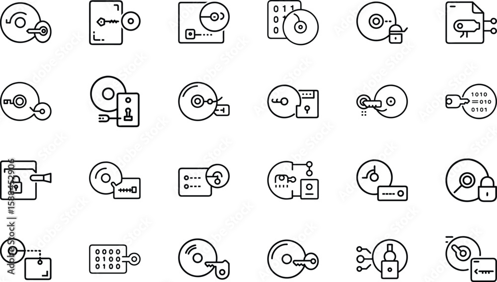 Poster collection of data security and digital encryption vector icons in outline style