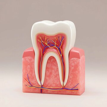 tooth paste, 3D cross-sectional illustration of a human tooth showing detailed anatomy. Highlights enamel, dentin, pulp with blood vessels and nerves, and root canal structure medical, dental, or educ