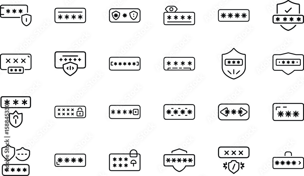 Poster collection of password icons representing security protection and digital authentication concepts