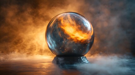 a large glass sphere dominates the center of the scene, resting on a dark colored stand