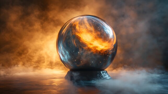 a large glass sphere dominates the center of the scene, resting on a dark colored stand - Powered by Adobe