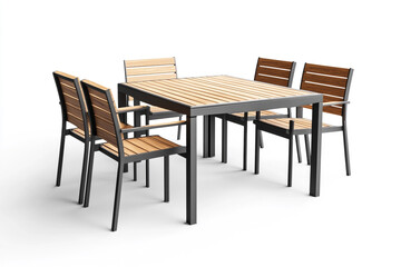 Patio furniture set with a wooden table and chairs stands gracefully on a white background, modern style and clean lines