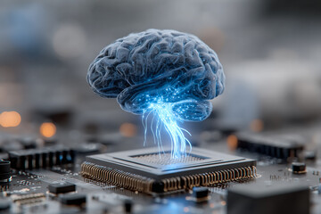 Brain connects to computer chip, symbolizes AI. Use for tech marketing, web design, editorial.