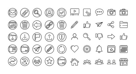 Extensive collection of thin line outline icons for web and mobile interfaces, covering communication, file management, media, user actions, and essential navigation functions.