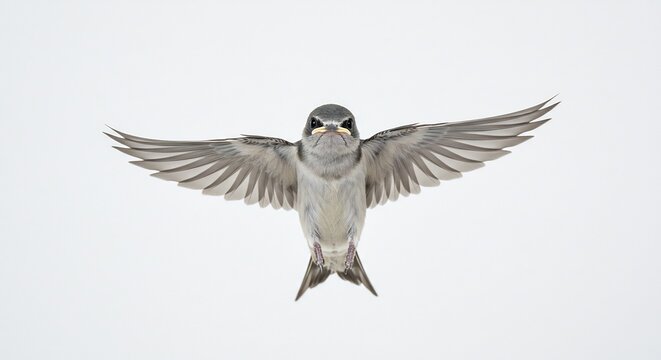 白い背景 鮮やかツバメ 羽ばたく力強く 飛行 美しい瞬間. AI Generated