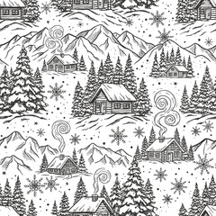 Winter Cabin in the Woods Seamless Pattern with Snowflakes