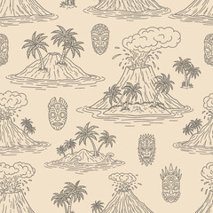 Tropical Pattern featuring Volcanoes, Masks, and Palm Trees