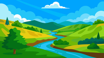 Obraz premium Realistic Countryside Landscape with River and Hills