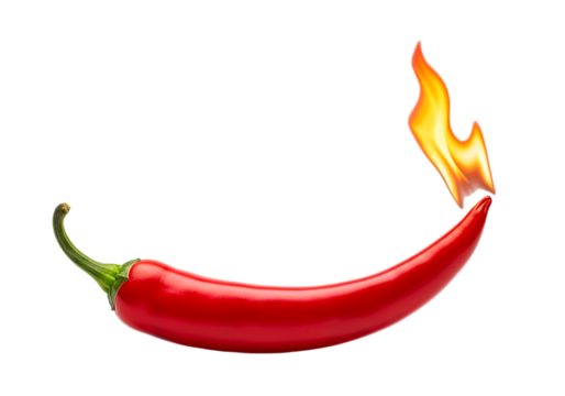 Red chili pepper with a flame at the tip on a transparent background. The pepper is curved and vibrant, showcasing its glossy surface.