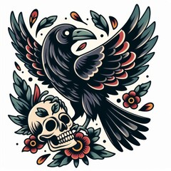 Obraz premium Raven Carrying Skull in Traditional Tattoo Style with Floral Elements Illustration