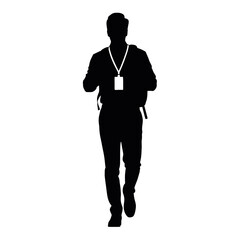 Man with lanyard and badge walking silhouette person