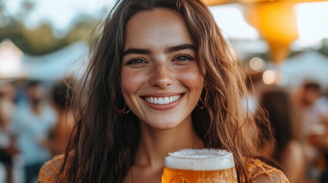 Cheerful Young Woman Smiling While Holding a Glass of Beer at a Festival - Powered by Adobe