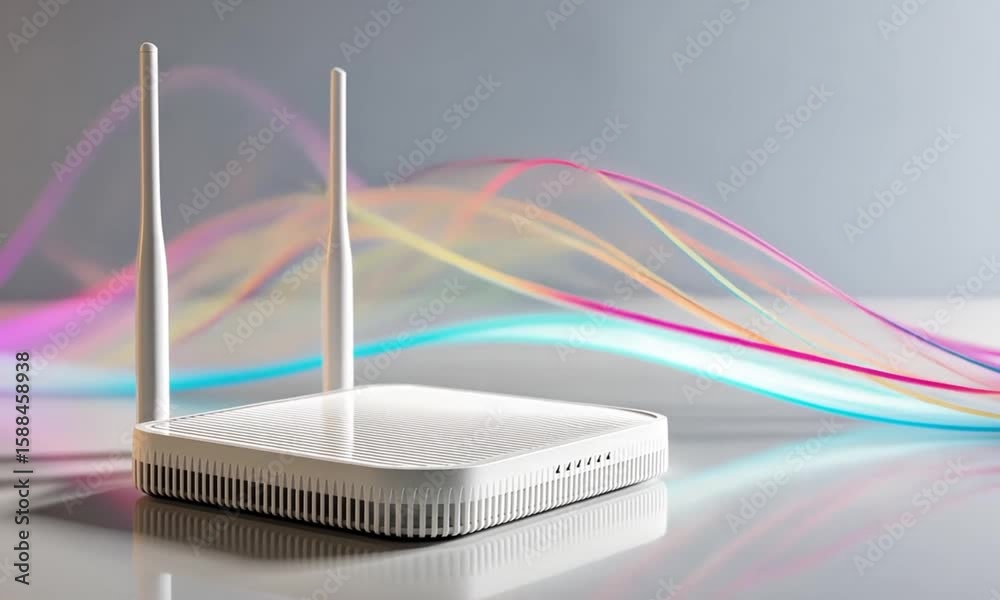 Poster wireless router on a light gray background with colorful abstract lines
