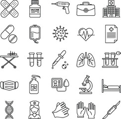 Naklejka premium Medical And Healthcare Icons Collection With Various Equipment And Symbols vector