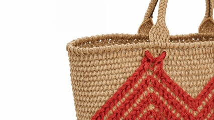 Closeup of handwoven jute tote bag with red geometric pattern detailing