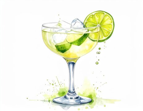 Refreshing watercolor illustration of a gimlet cocktail with lime and ice cubes