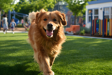 Obraz premium Golden Retriever's Sunny Stroll: A radiant golden retriever bounds joyfully across a vibrant green lawn on a bright day, its furry face alight with glee.