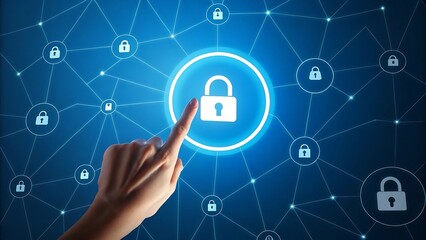 Human finger touching a glowing digital padlock icon within a connected network of security symbols on a blue background