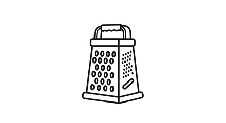 Simple line art icon of a grater with handle, clean kitchen utensil design, clean white background