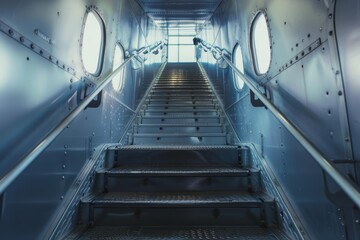 Metallic hallway with porthole windows featuring a staircase ascending towards a bright light