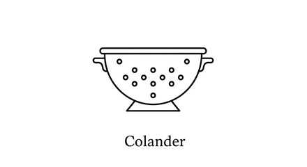 Minimalist icon of a colander with small holes and simple outlines and text, clean white background