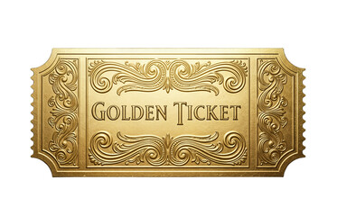 A golden ticket with ornate designs and the text 'GOLDEN TICKET' prominently displayed. The background is transparent, emphasizing the ticket's details.