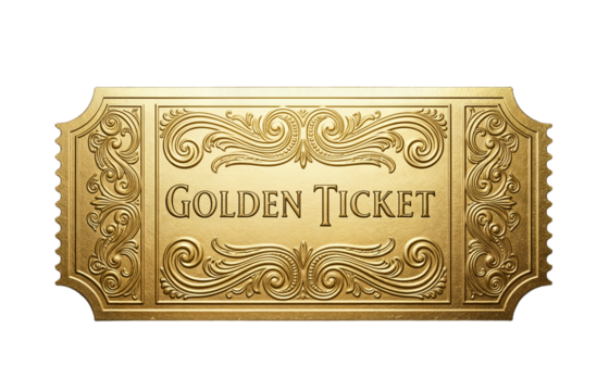 A golden ticket with ornate designs and the text 'GOLDEN TICKET' prominently displayed. The background is transparent, emphasizing the ticket's details.